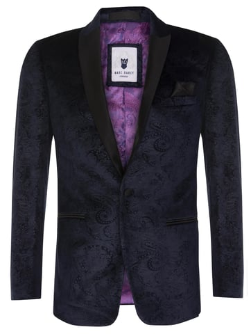 Chaqueta de esmoquin con estampado de cachemira y terciopelo azul marino para hombre