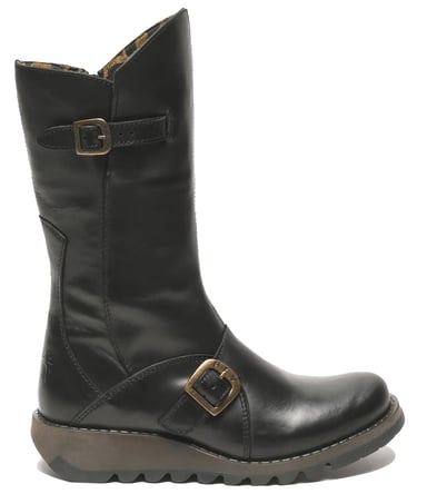 Botas de plataforma de cuero con cremallera y tacón de cuña y hebilla de Fly London para mujer en color negro MES 2