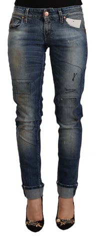 Acht Jeans de Mujer Azul Lavado Bajo Cintura con Dobladillo Doblado Ajustados