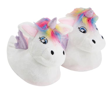 Childrens Unicorn Plush Slippers with Rainbow Hair | Gift for Her - White