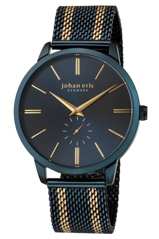 Johan Eric: Kolding, reloj de acero inoxidable azul con correa de malla de acero inoxidable.