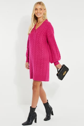 Fuchsia 'Chalk' Cable Knit Jumper Midi Dress