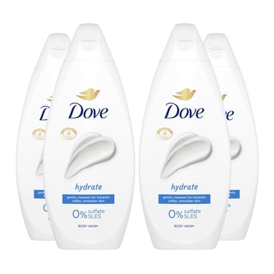 Dove Hydrate Body Wash 0% Sulfate SLES for Softer & Smoother Skin 225ml, 4 Pack