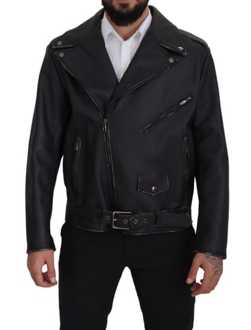 Chaqueta de Hombre de Cuero Negro Biker con Cremallera de Dolce & Gabbana