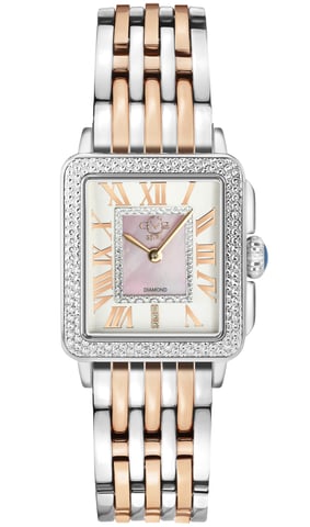 Reloj para mujer GV2 Padova 12302B con esfera plateada y correa de acero inoxidable bicolor con diamantes.
