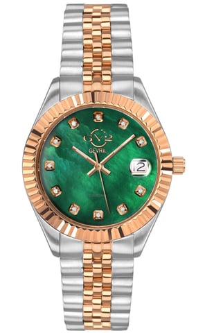 GV2 Naples 12408 Reloj de cuarzo suizo para mujer con esfera verde y fecha en dos tonos y diamantes