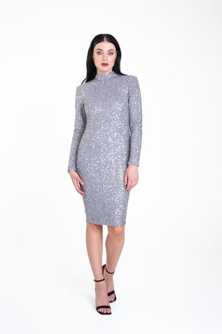 Vestido midi ajustado con cuello alto y lentejuelas