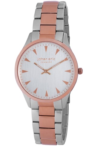 Johan eric: helsingør, reloj para hombre, esfera plateada con marcadores de hora triangulares en tono oro rosa, caja y pulsera IP de acero inoxidable y oro rosa