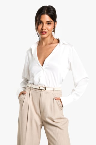 Satin V-neck Button Up Shirt