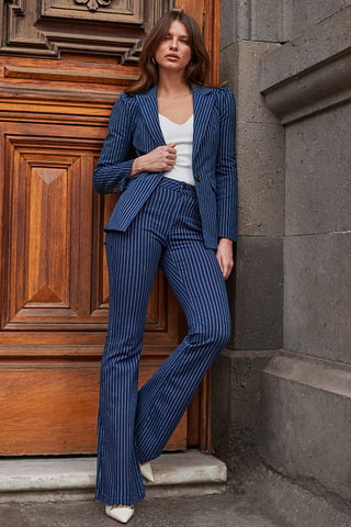 Navy Blue & White Pinstripe Kick Flare Jeans