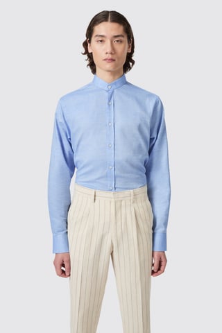 Saunders Slim Fit Grandad Collar Blue Linen Shirt