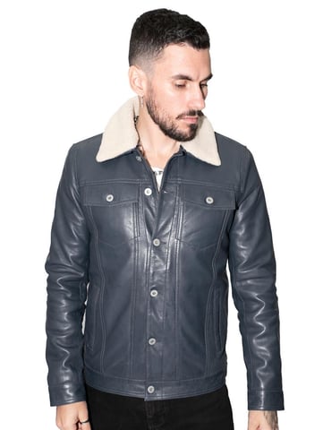 Chaqueta de cuero estilo camionero con cuello desmontable para hombre - Zagreb