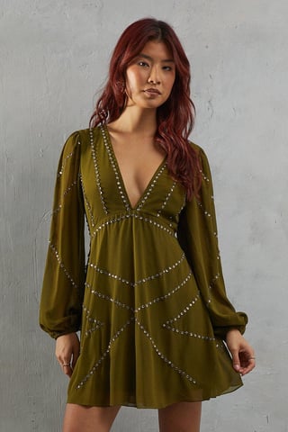 Premium Chiffon Embellished Plunge Neck Mini Dress