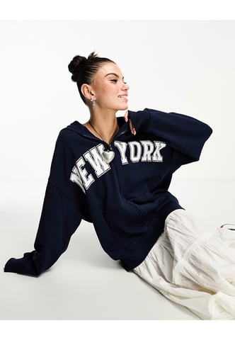 ASOS DESIGN zip through hoodie with new york graphic in navy