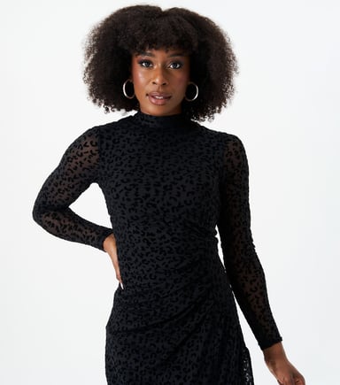 Vestido midi con cuello alto Animal Devore negro