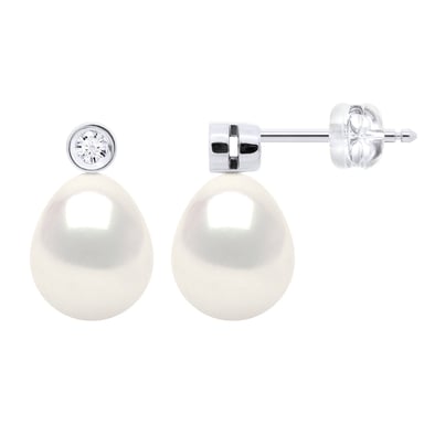 Earrings Prestige -Diamonds 0,02 Cts - Quality HSI - White Gold - Real Cultured Freshwater Pearls Pear 8-9 mm