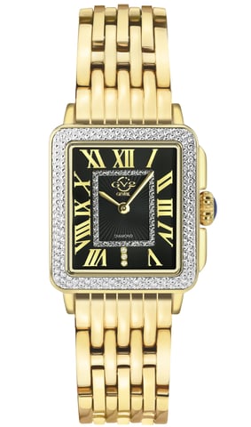 Reloj GV2 Padova para mujer con esfera negra y correa de oro amarillo.