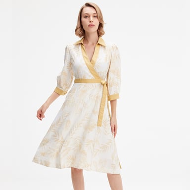 Bi-material wrap dress with tropical print