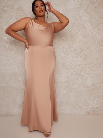 Plus Size Cowl Neck Satin Slip Maxi Dress in Champagne