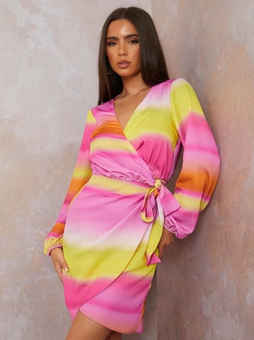 Long Sleeve Satin Ombre Wrap Mini Dress in Multi