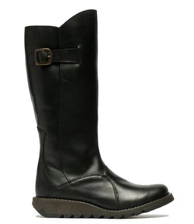 Botas de cuña hasta la rodilla con cremallera y tacón de cuña de cuero negro MOL 2 para mujer de Fly London