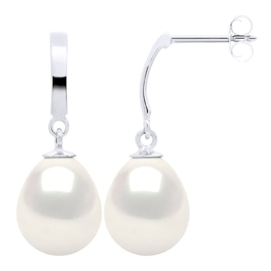 Earrings in White Gold 375 and Real Cultured Freshwater Pearls Pear 10-11 mm