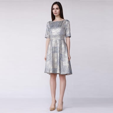 Curved and flared cocktail dress in jacquard