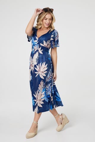 Blue Leaf Print Empire Waist Midi Dress