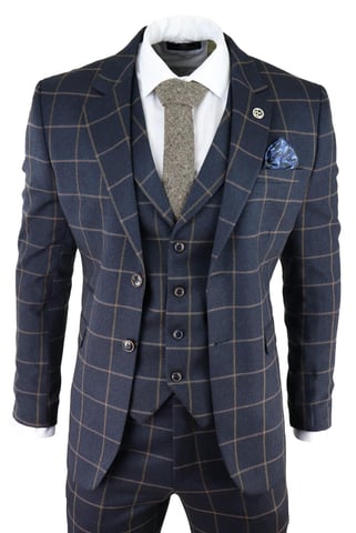 Traje de tweed de tres piezas a cuadros azul marino para hombre, Peaky Blinders, estilo Gatsby de los años 20, corte entallado