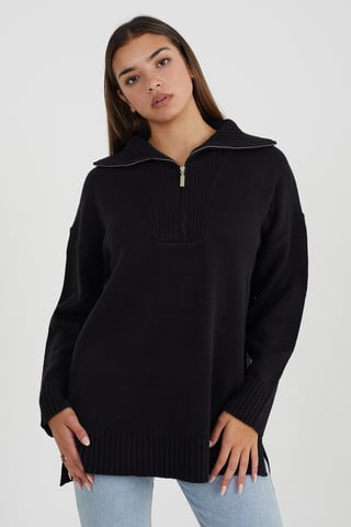 Black Oversized Zip Collar Knitted Jumper