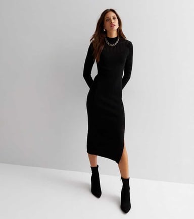 Vestido midi ajustado de canalé con cuello alto