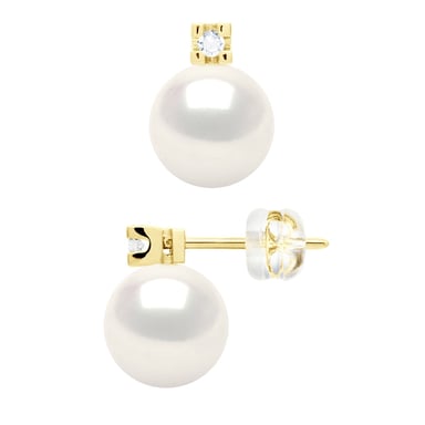Earrings Prestige -Diamonds 0,04 Cts - Quality HSI - Yellow Gold 375 and Real Cultured Freshwater Pearls Round 8-9 mm