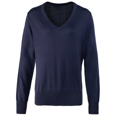 Premier Womens/Ladies Knitted Cotton Acrylic V Neck Sweatshirt (Navy)