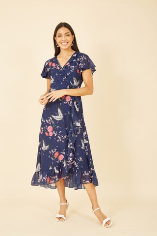 Navy Satin Crane Print Wrap Dress