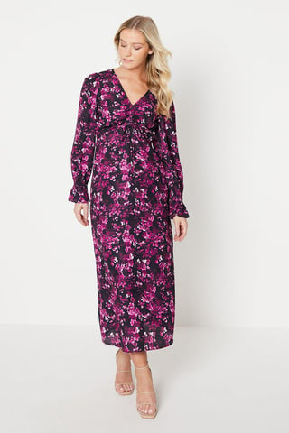 Pink Floral Ruched Front V Neck Midi Dress