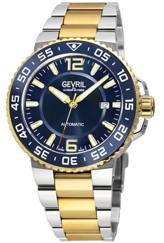 Reloj automático suizo Gevril RiverSide, bisel IPYG, anillo de cerámica azul, esfera azul brillante, brazalete de acero inoxidable SS/IPYG de dos tonos
