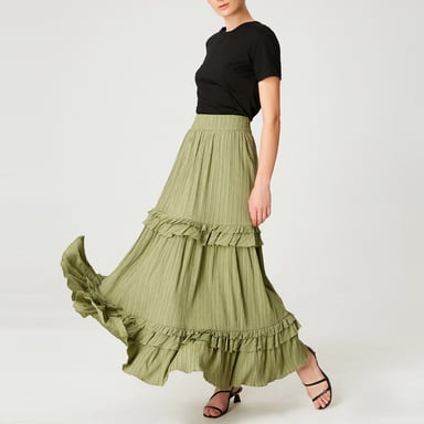 Long pleated skirt with tiered ruffles