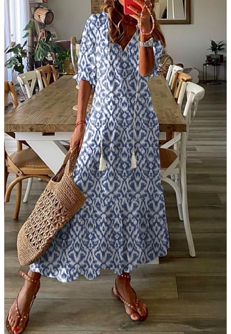 Vestido Maxi de Impresión Geométrica para Mujer en Azul Cielo