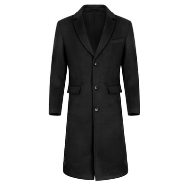 Men's Knee-Length Winter Wool Coat Slim Fit Turn-Down Collar Business Coats Black