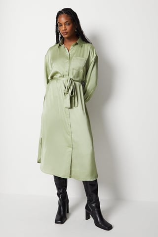 Satin Midi Belted Shirt Dress