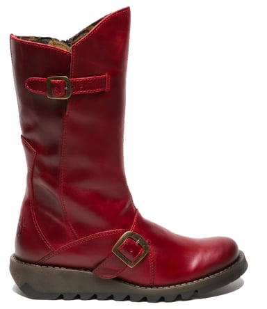 Botas de plataforma de cuero con cremallera y tacón de cuña y hebilla de media pantorrilla para mujer MES 2 de Fly London en color rojo