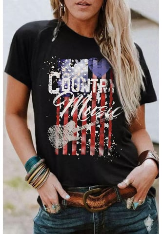 Camiseta de manga corta negra con estampado de la bandera americana de para mujer