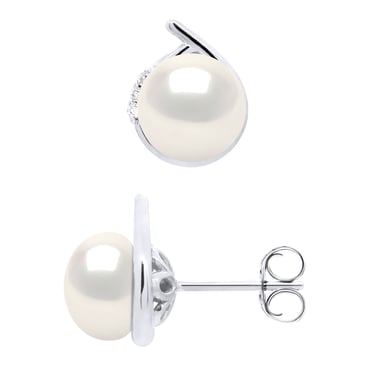 Earrings Surroundings Diamonds 0,03 Cts White Gold - Real Cultured Freshwater Pearls Button 7-8 mm