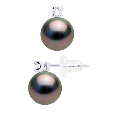 Earrings Prestige - Diamonds 0,04 Cts - in White Gold 750 and Real Cultured Tahiti Pearls Round 8-9 mm
