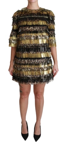 Vestido corto de cambio con estampado de leopardo en poliéster negro y dorado de Dolce & Gabbana