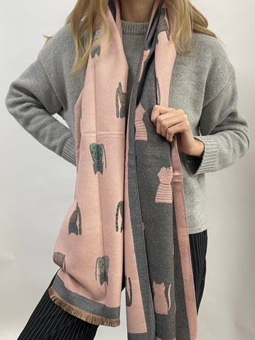 Cat Printed Scarf in Pink & Grey - Wool Blend