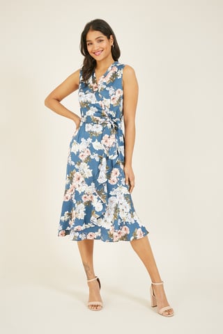 Mela Floral Satin Wrap Effect Midi Dress