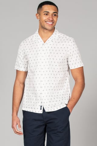 White Cotton Short Sleeve Button-Up Printed Shirt