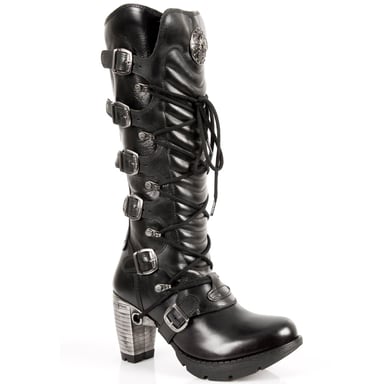Botas hasta la rodilla con cordones y hebillas negras para damas de New Rock TR004-S1
