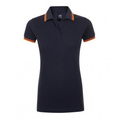 SOLS Womens/Ladies Pasadena Tipped Short Sleeve Pique Polo Shirt (French Navy/Neon Orange)
